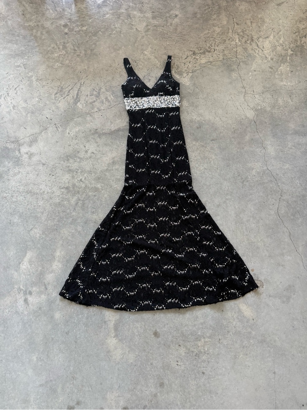 My Michelle Black Sequin V-Neck Gown with Silver Waistband
